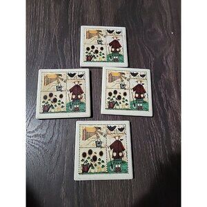 Debbie Mumm Designs Set 4 Decorative Cork Backed Coasters Primitive Gardening